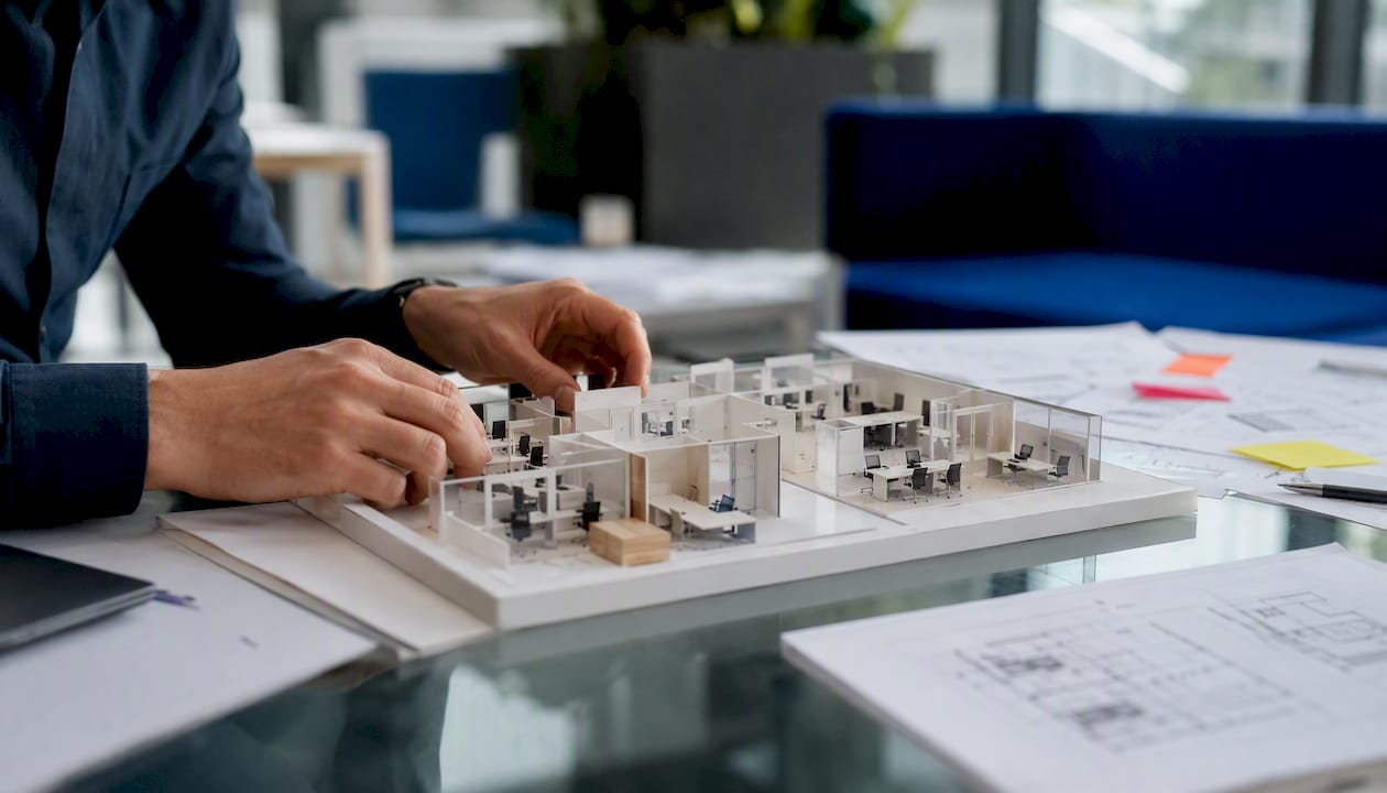 Hands adjusting architectural office model