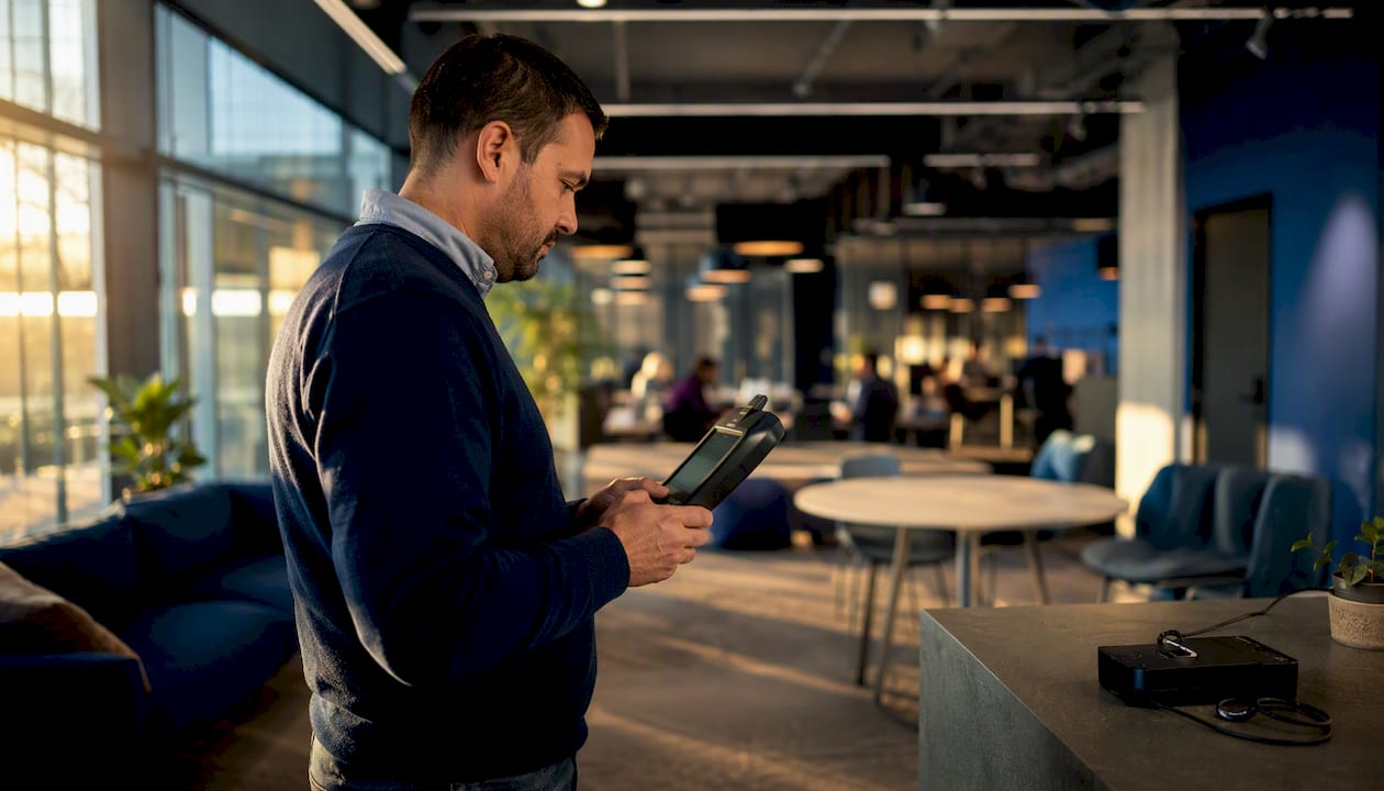 Technician performing wifi survey in new office