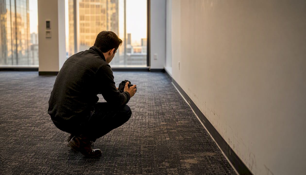 Hands photographing office wall damage