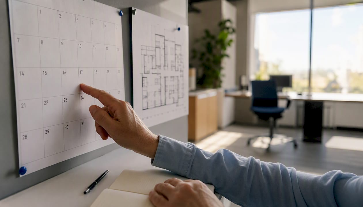 Hands preparing office relocation timeline tools