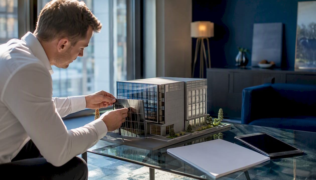 Hands adjusting architectural office model