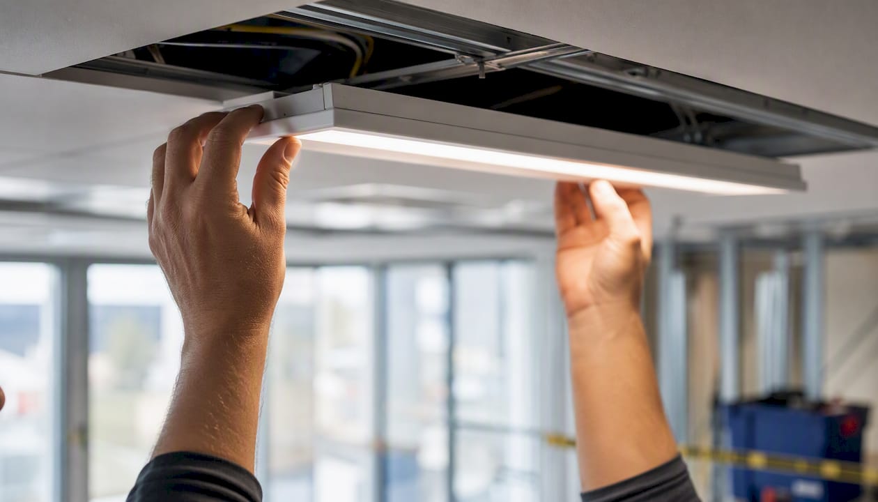 Hands installing light fixture in office fit-out
