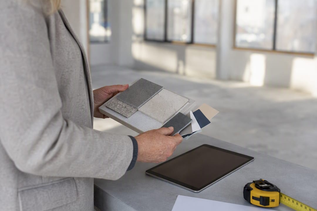 Client handling finish samples during fitout walkthrough