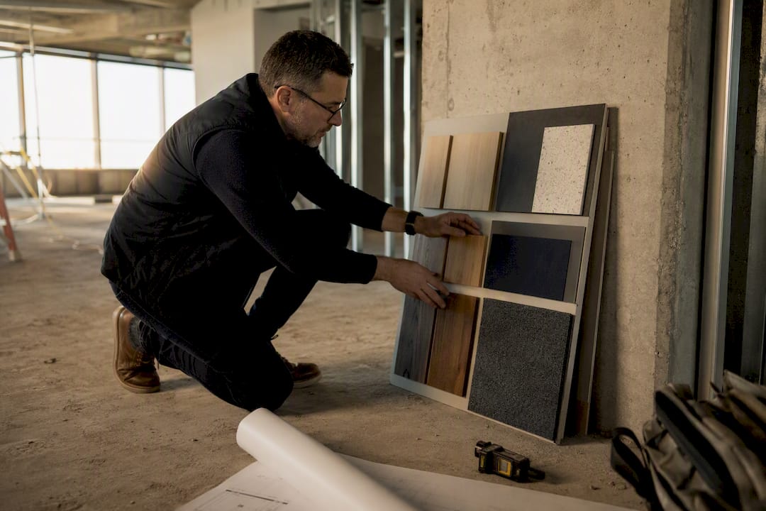 Hands adjusting office fitout material board on site
