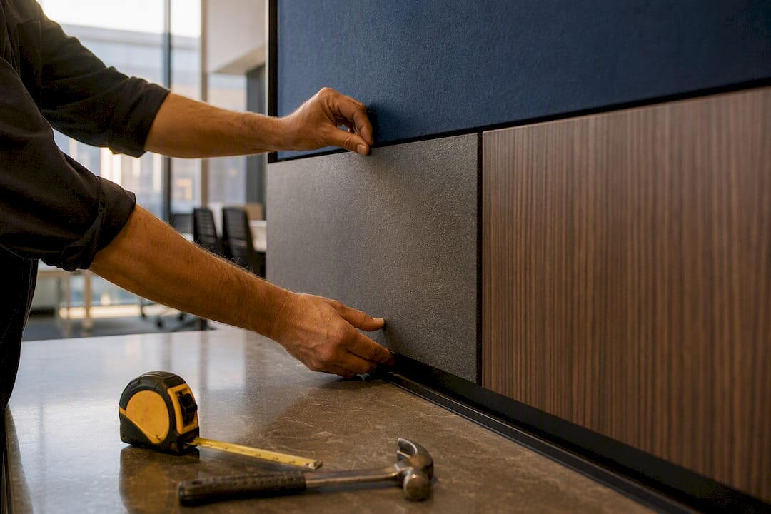 Hand adjusting wall panel in office fit-out