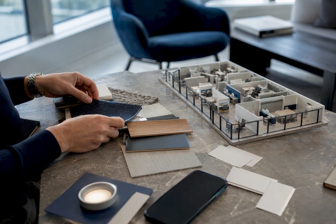 Hands arranging lease negotiation samples on table