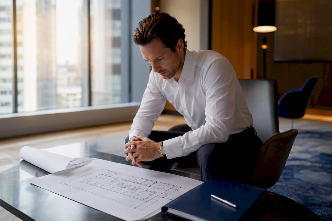 Detailed architectural floor plan on office table