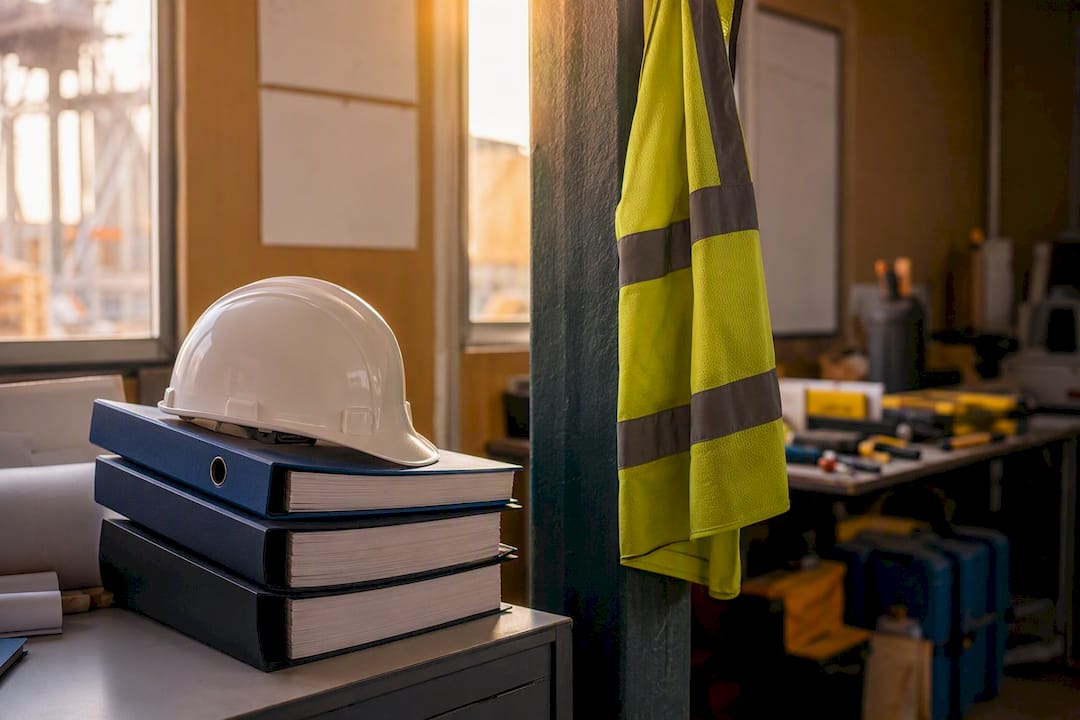 Compliance gear and blank clipboards on site table