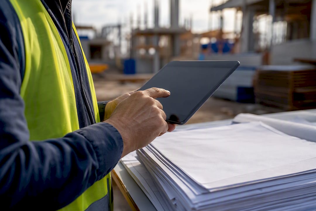Hands managing construction documents on site