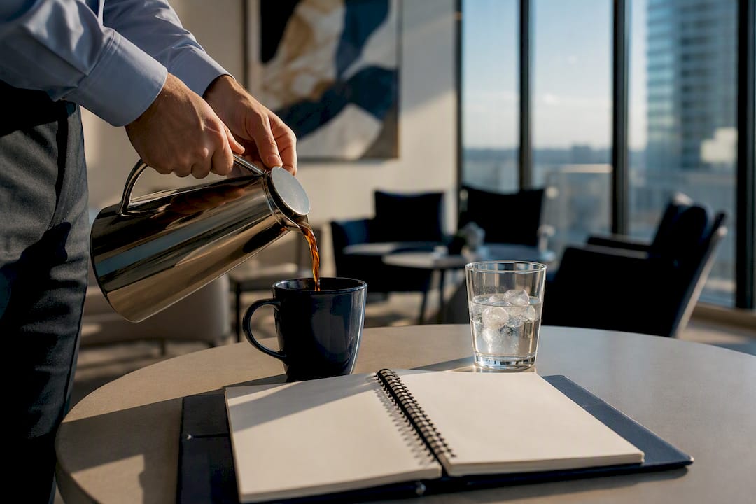 Pouring coffee on office meeting table