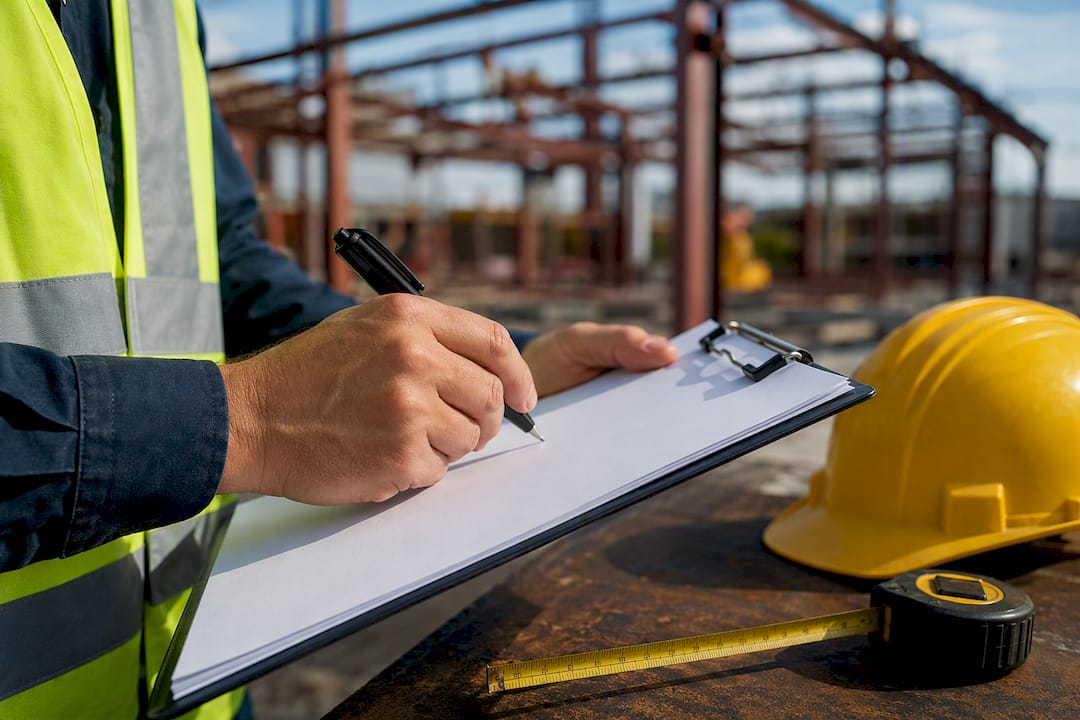 Hands holding contract paperwork at construction site