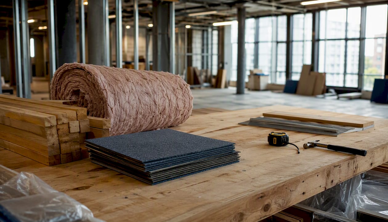 Office fitout construction materials on workbench
