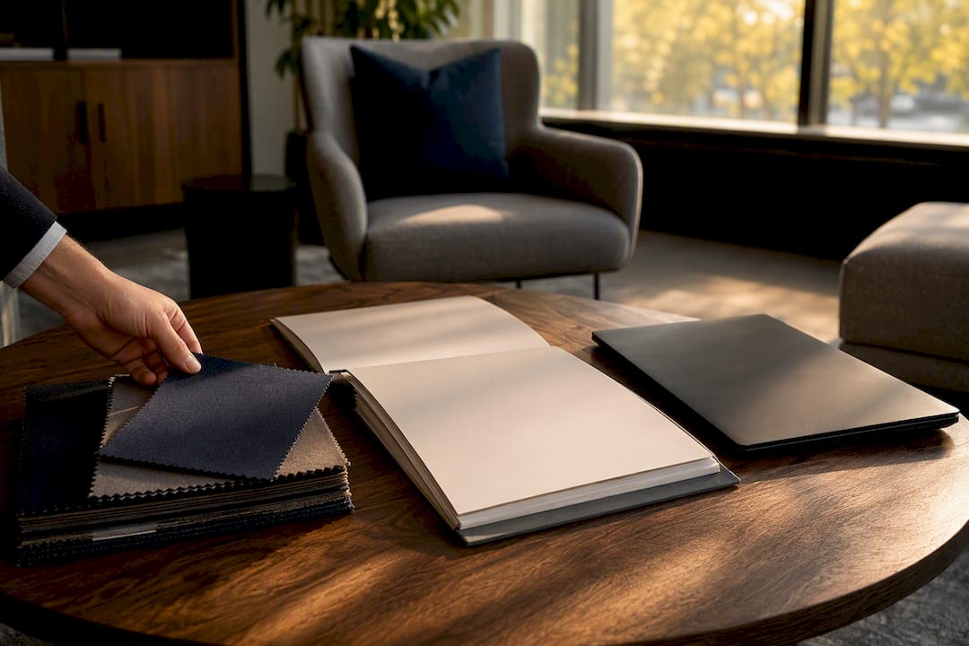 Lease documents and office interior samples on table