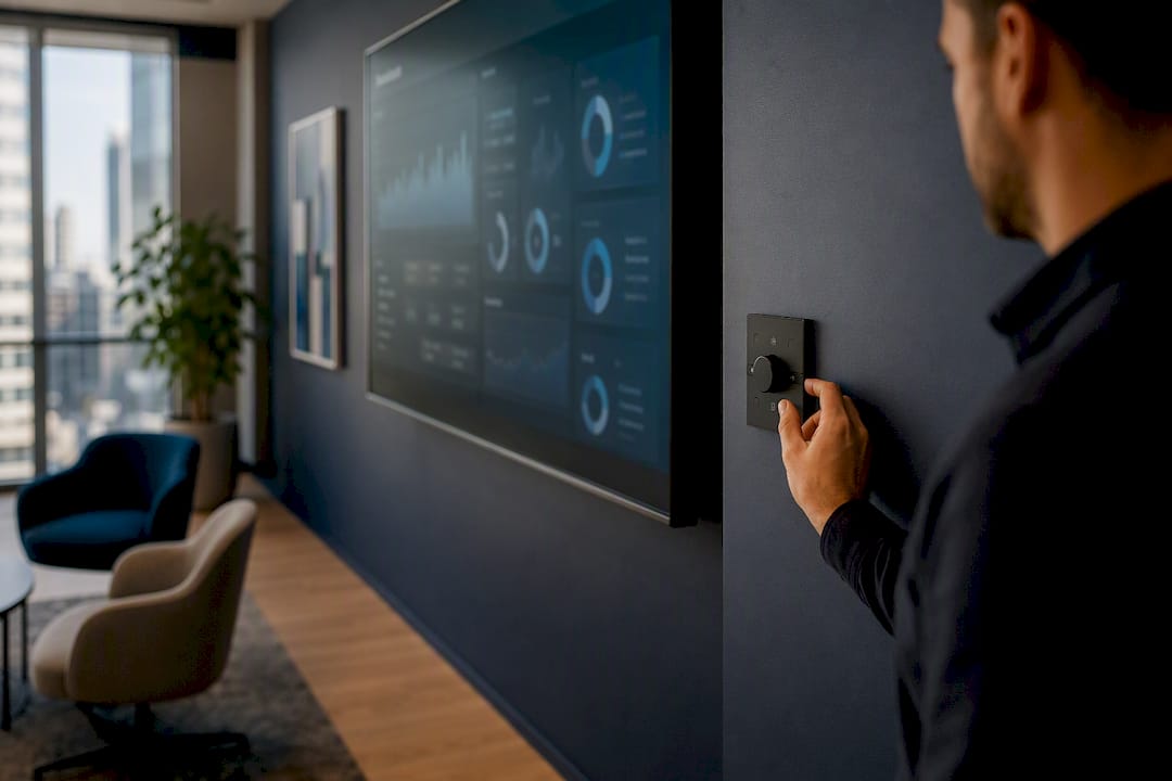 Hand adjusting office light near KPIs