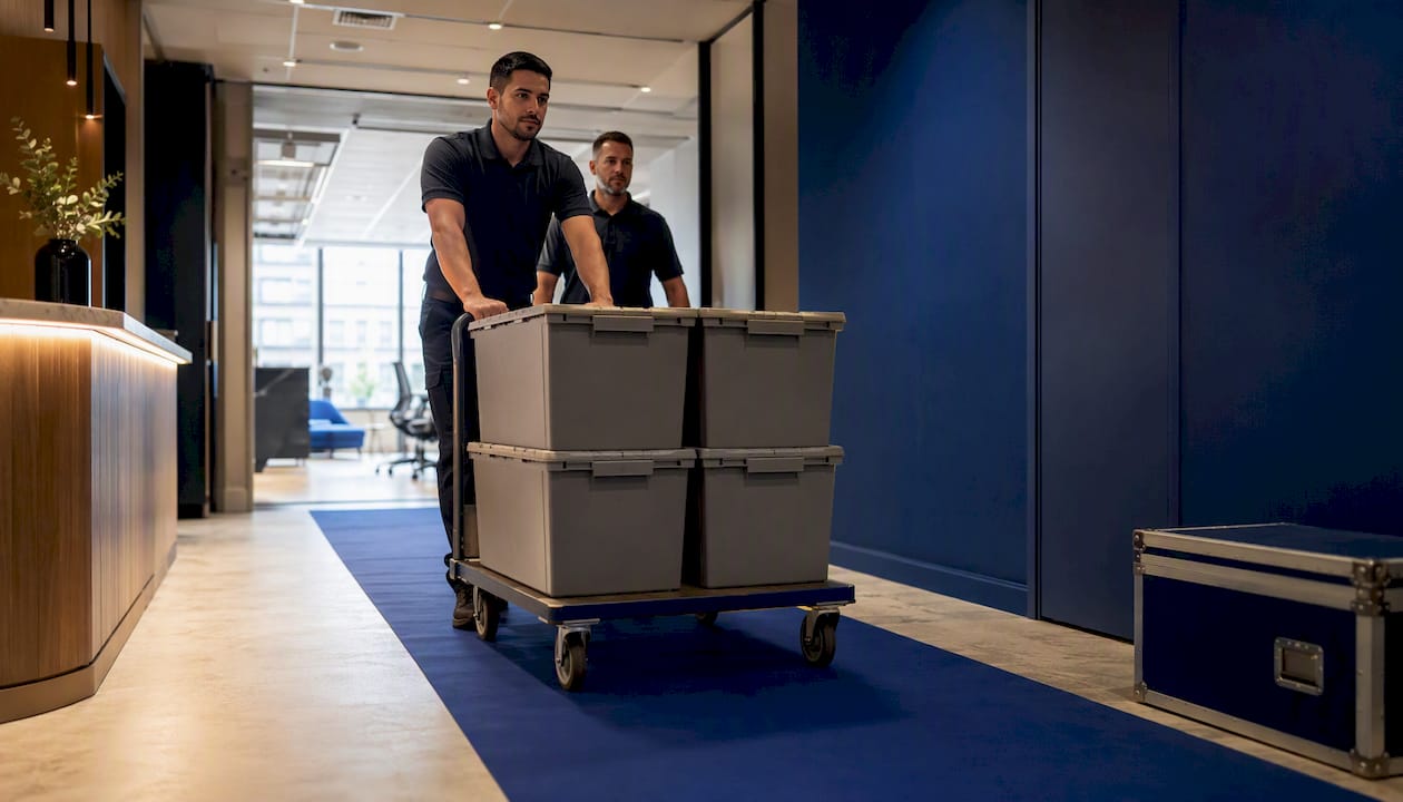 Movers transporting crates through new office