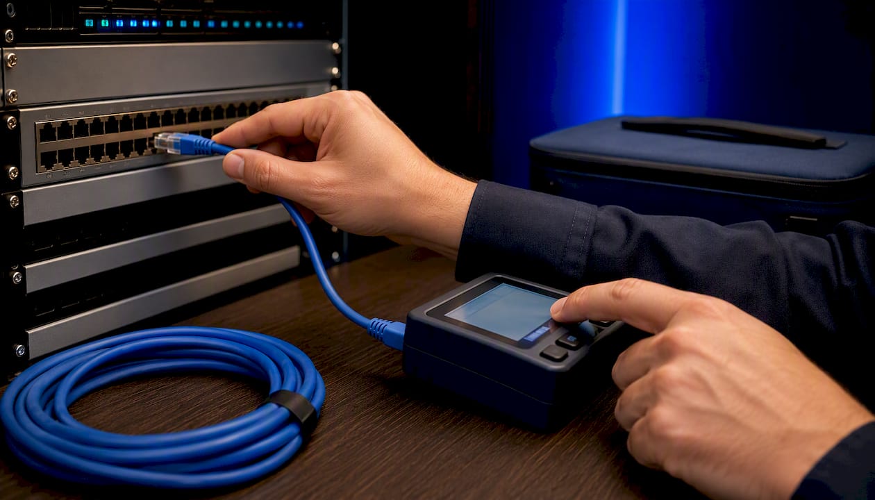 Technician checking office network connection