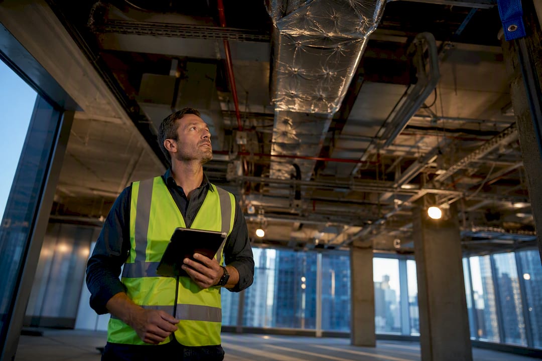Advisor inspecting exposed office ceiling services