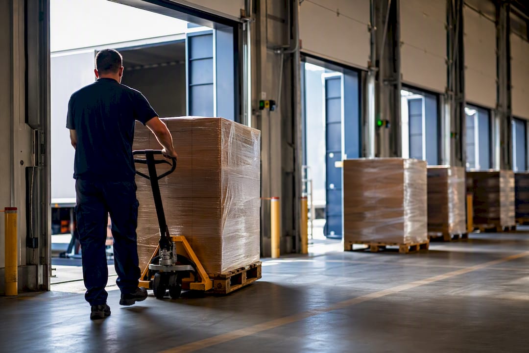 Warehouse dock doors and staged pallets