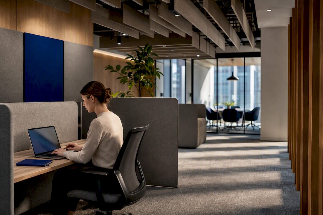 Open office with acoustic baffles and screens