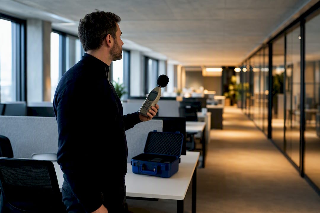 Consultant measuring sound in open-plan workplace
