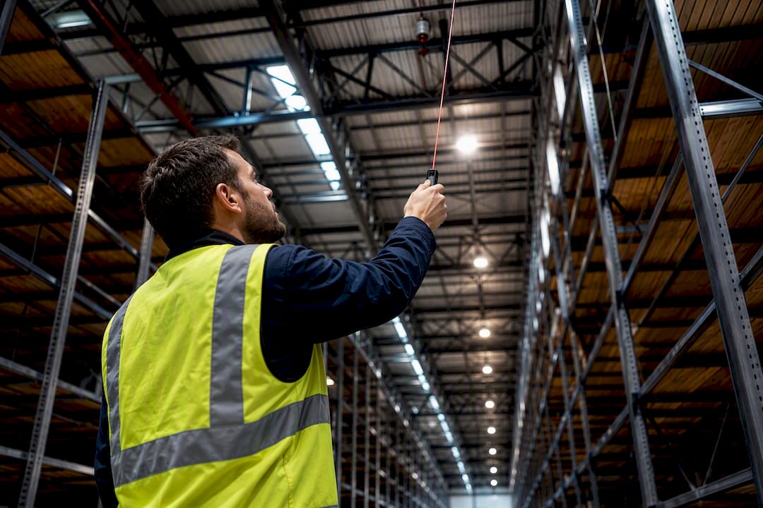Surveyor checking warehouse clear height