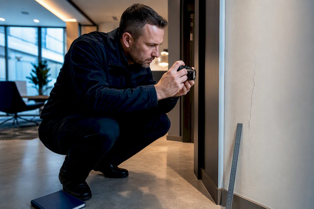 Inspector photographing defect in completed office