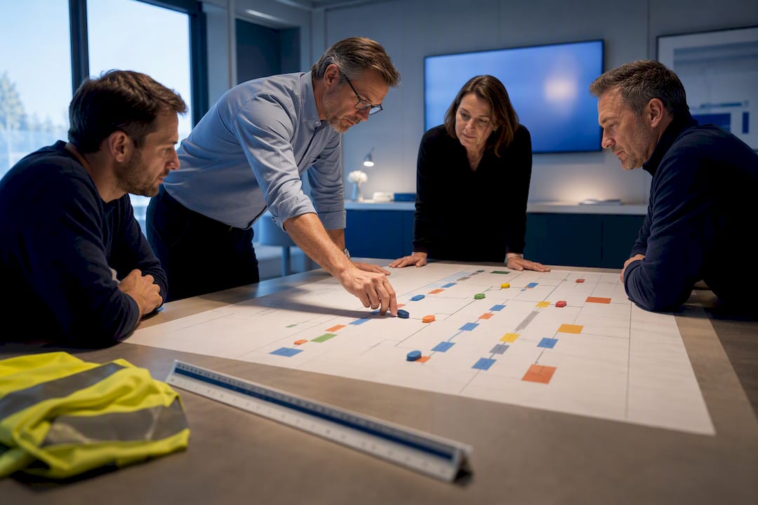 Construction steering committee reviewing project controls