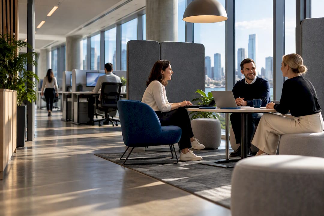 Hybrid office collaboration hub with flexible zones