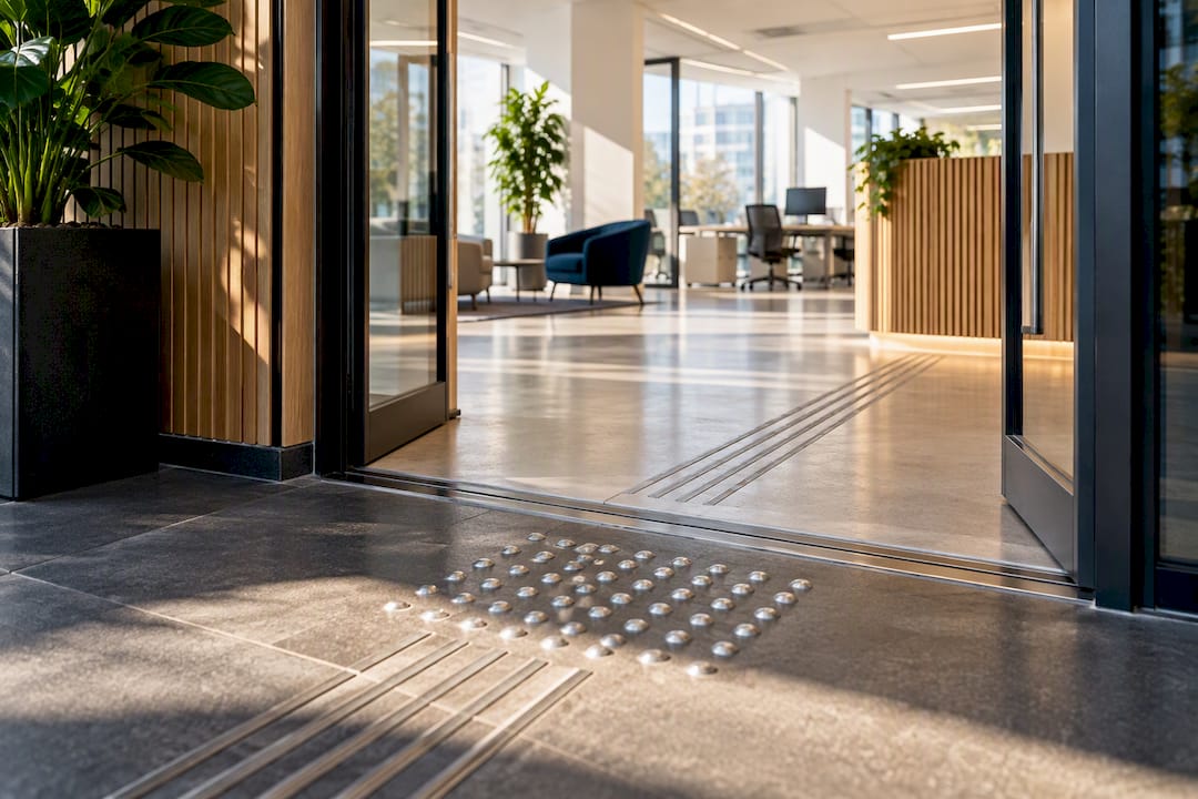 Accessible office entrance with clear circulation