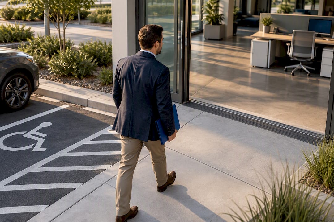 Professional checking accessible route to desk