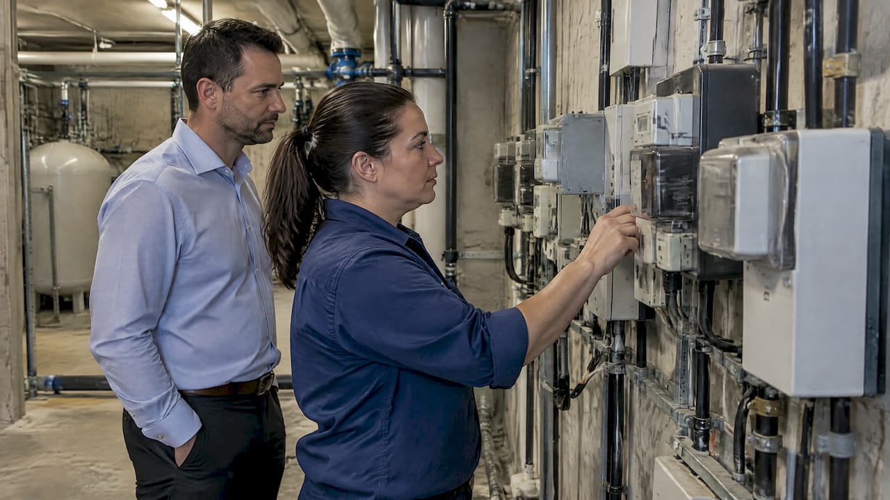 Assessor inspecting office building meters