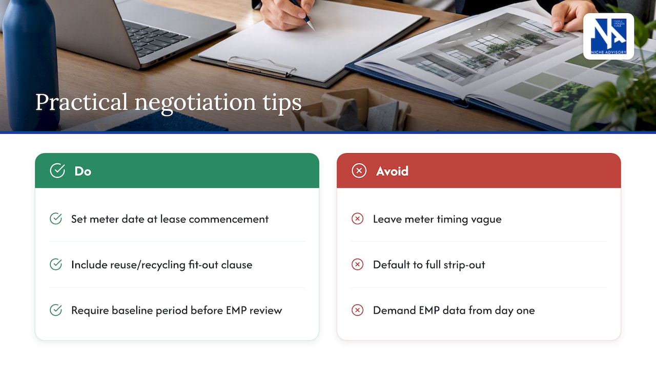 Practical tips from Niche Advisory for negotiating green lease clauses — overview diagram