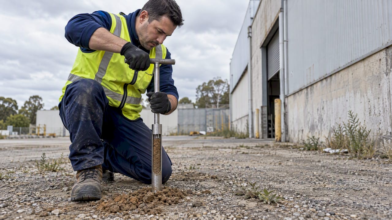Environmental consultant collecting an industrial site soil sample