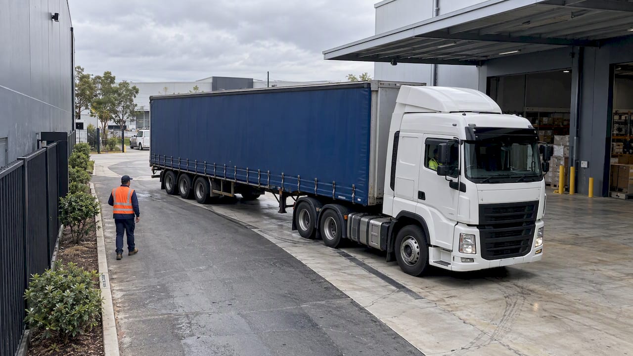 Semi-trailer turning through a shared industrial driveway