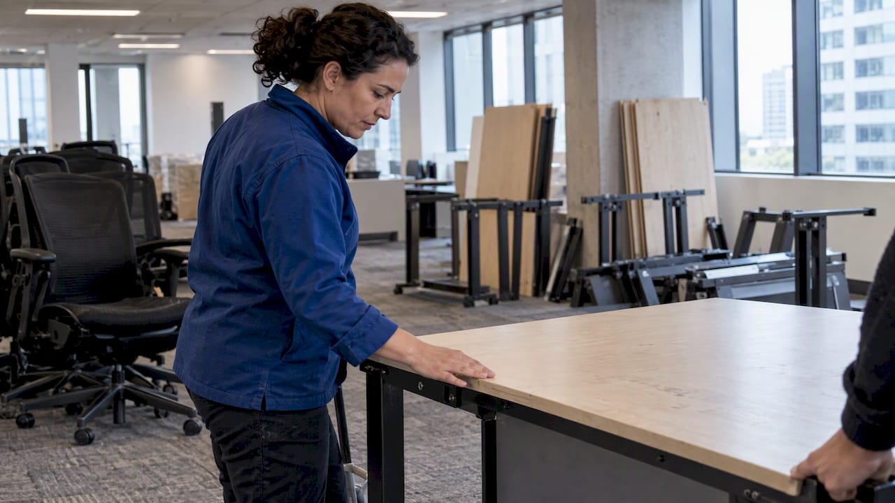 Facilities lead inspecting a reused office workstation