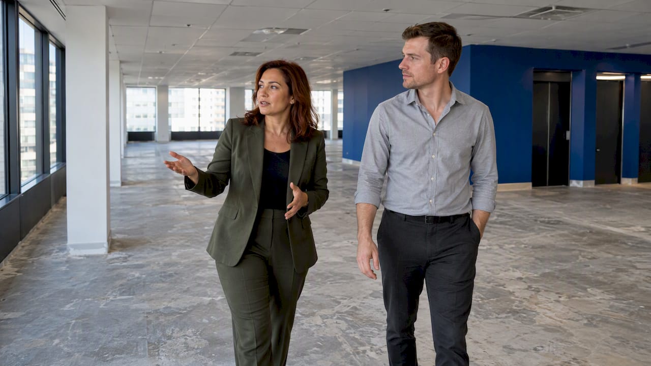 Tenant advisor and occupier inspect vacant office space